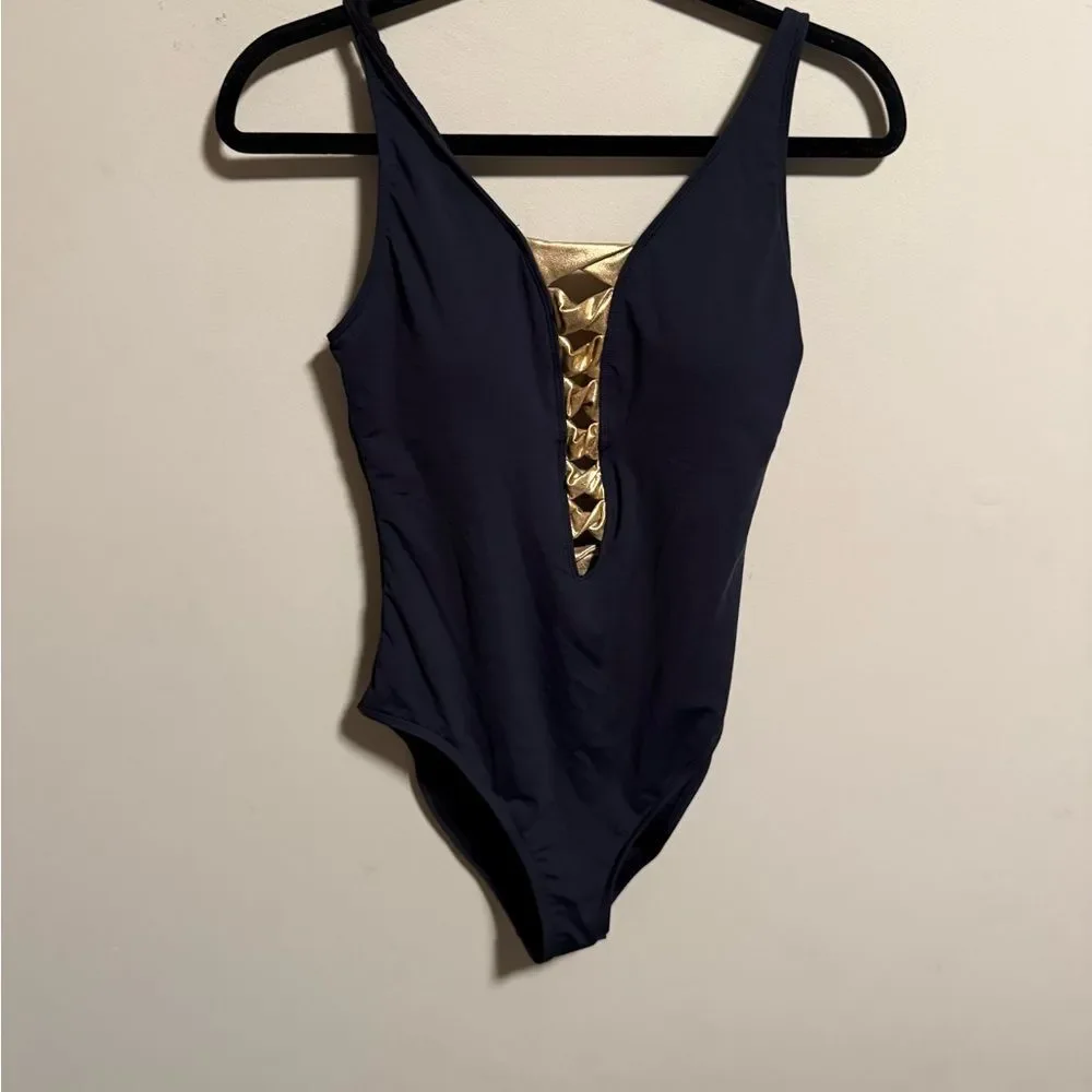 Bleu Rod Beattie Twisted-Front One-Piece Swimsuit Black Gold- Size 8 - Picture 4 of 9
